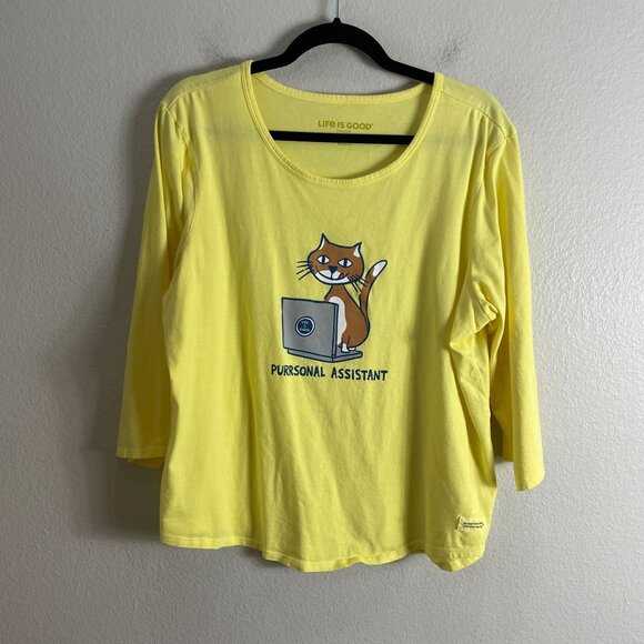 Life Is Good Womens XL Purrrsonal Assistant Cat Tee Shirt Yellow 3/4 Sleeve - Picture 3 of 8